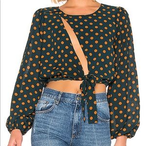 House of Harlow 1960 Green Polka Dot Tie-Front Blouse with Orange Dots